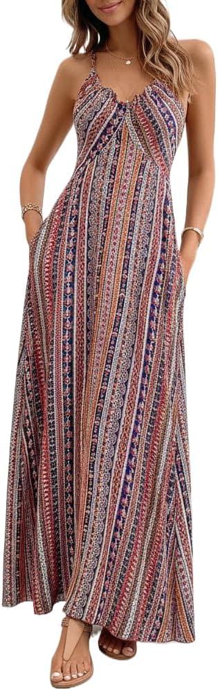 Women's Boho Floral V Neck Maxi Dress Sexy Backless Criss Cross Spaghetti Strap Summer Beach Sundress with Split, M 