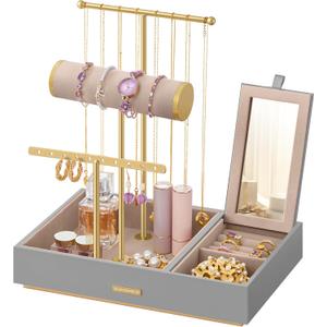 SONGMICS Jewelry Holder, Jewelry Organizer, Jewelry Display Stand, Metal Earring Organizer with Mirror, with Necklace Earring Bracelet Holder, for Rings, Gift Idea, Dove Gray and Gold UJJS022G01