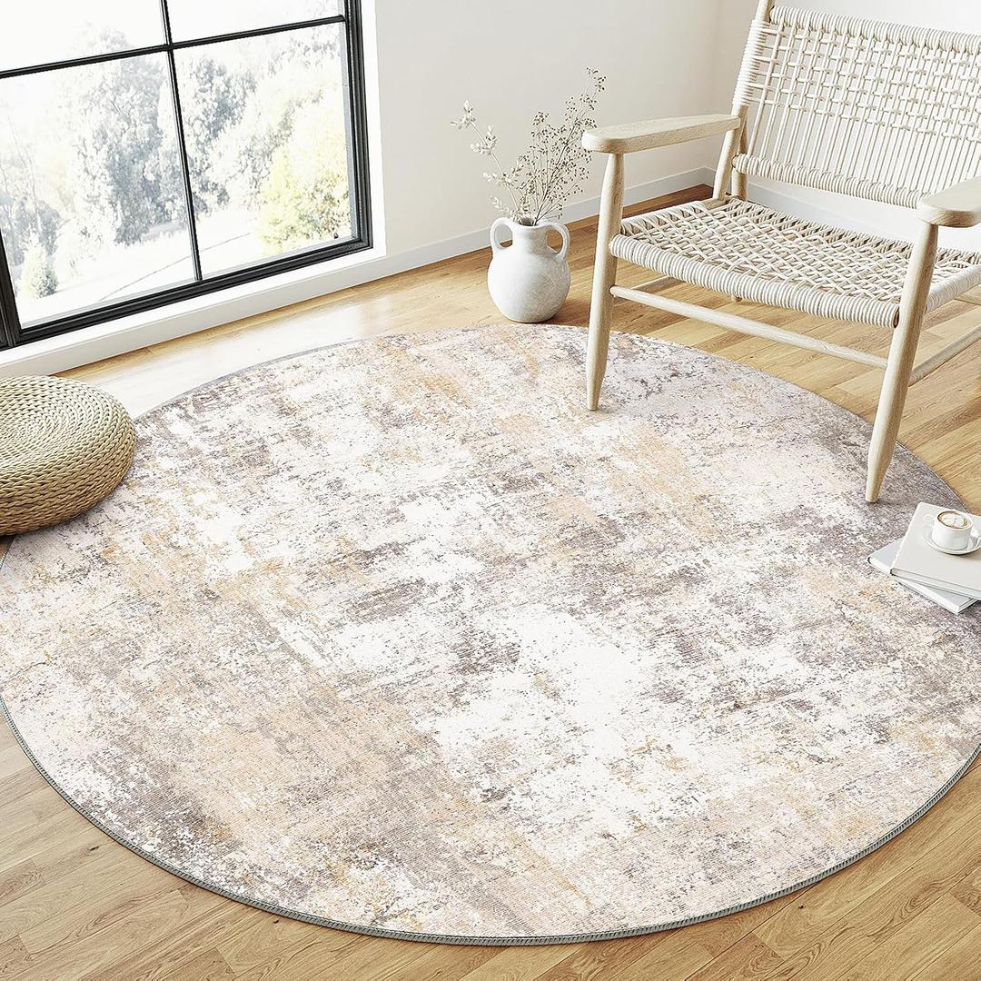 6x6 Washable Round Rug Beige Grey Abstract Non Slip Soft Low Pile Circle Rug for Living Room Bedroom Neutral Modern Indoor Carpet for Dining Room Office Entryway Home Decor