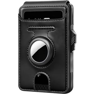 RFID Wallet for Men with AirTag Holder - Brushed Aluminum Pop Up Card Holder, Slim Money Clip Wallet Fits Front Pocket with ID Window, Holds 11 Cards and Cash, Gift for Men (Black)