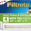 Filtrete 20x20x1 AC Furnace Air Filter, MERV 8, MPR 700, Tough on Pollen, Easy on Airflow, 3-Month Pleated 1-Inch Electrostatic Air Cleaning Filter, 4-Pack (Actual Size 19.880 x 19.880 x 0.78 in )