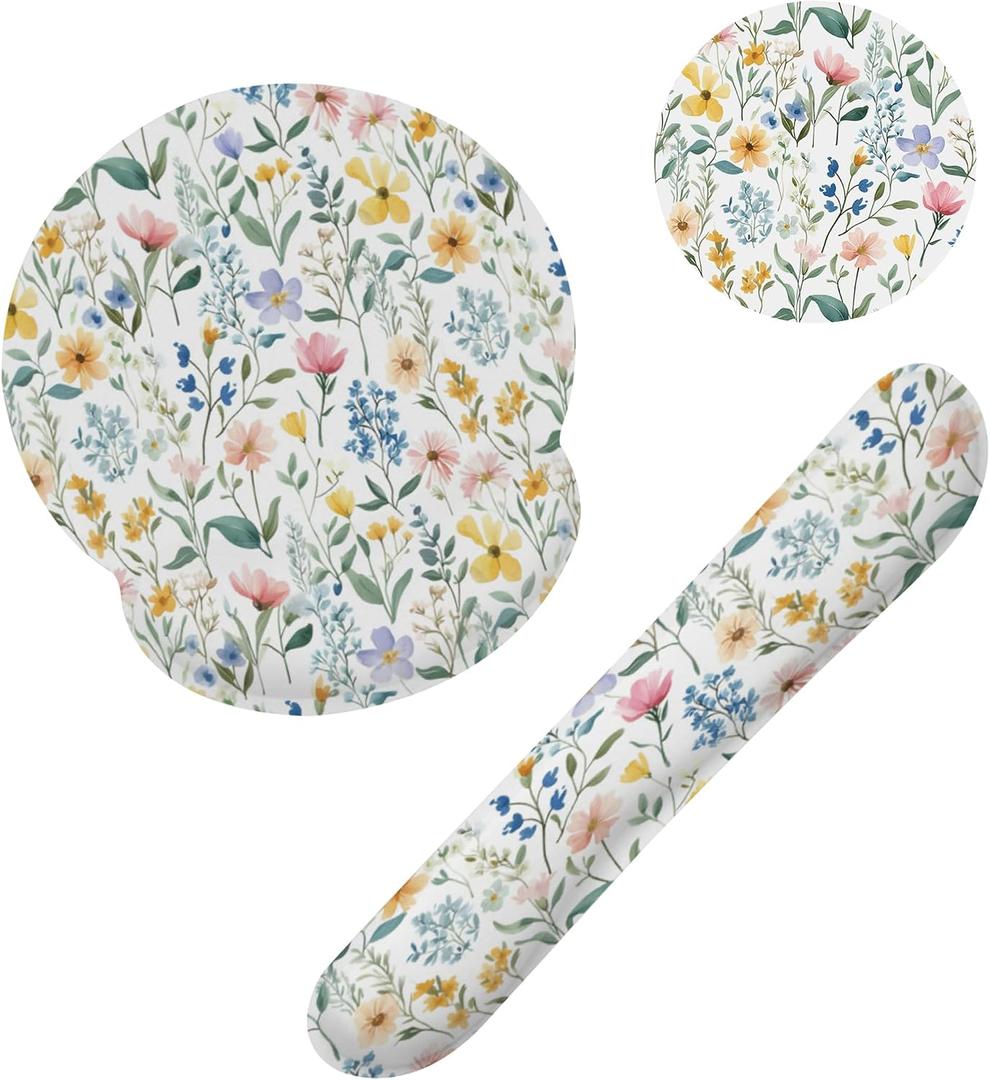 Wildflowers Leaves Mouse Pad with Wrist Rest and Keyboard Wrist Rest Set, Spring Colorful Flowers Non-Slip Rubber Base Memory Foam Mouse Pad Set for Women, Office Desk Accessories, Gaming
