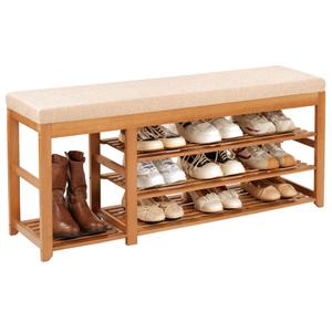 47.2 in Shoe Rack Bench with Cushion, 3 Tier Bamboo Entryway Bench with Storage for Entryway, Hallway, Bedroom, Living Room