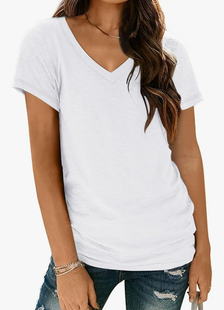 AUTOMET T-Shirts Short Sleeve V Neck Tees Tops for Women Fashion Trendy Lightweight Soft Casual Summer Outfits Clothes 2025 Size XL