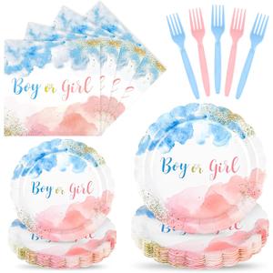 96 Pcs Gender Reveal Plates and Napkins set-Serve 24, Boy or Girl Gender Reveal Party Tableware Set Includes Disposable Scalloped Paper Plates Napkins & Forks for Baby Gender reveal Party