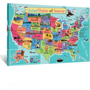KREATIVE ARTS United States of America USA Kids Map Poster Art Prints Stretched Canvas Wall Art Gallery Canvas Wrap Giclee Print Ready to Hang for Classroom Walls Decor 24x36inch