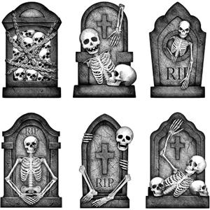 Graveyard Tombstones Halloween Decorations Outdoor: 6pcs Large Scary Gravestone Yard Signs with Stakes, Realistic Skeleton Skull Headstone Halloween Decor Outside for Kid Home Garden Lawn Front Porch