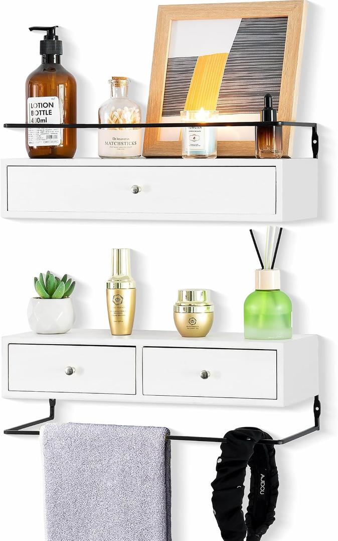 DreamPossible Floating Shelves for Wall Storage - Wall Mounted Bathroom Shelf Set of 2 with Drawers, Rustic Wood Shelves for Bedroom, Living Room, Kitchen, Home Decor, Plants, Books, 15.8 Inch Long