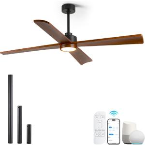 52" Outdoor Smart Ceiling Fan with Lights for Patio, Damp Rated Walnut Wood Blades, Alexa Wifi Remote Contral, High CFM Quiet DC Fan, 3 Long Dowmrod for Sloped/Tall Ceiling, Porch Garage Living Room