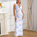 GLNEGE Women's Summer Floral Bodycon Maxi Dress Sexy Backless V Neck Wedding Guest Dresses 2025 (Blue, XL)