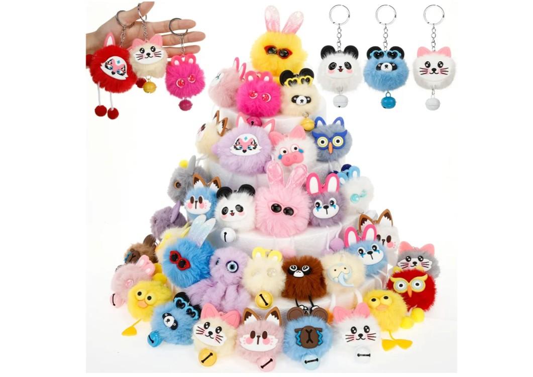 Equsion 48 Pcs Kawaii Keychains Bulk Cute Plush Keychains Fluffy Pompoms Balls with Tassels and Keyrings Key Chain Kawaii Party Favors for Birthday Goodie Bags Piñata Prizes(Funny)