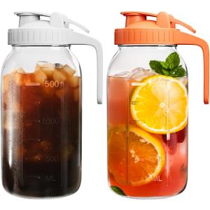 2 Pack Glass Mason Jar Pitcher with Lid, 64 oz (2 Quart) Leakproof Water Pitcher with Handle for Sun Tea, Cold Brew, Milk & Juice, White & Orange