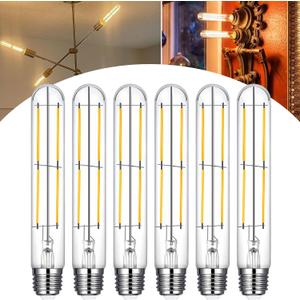 7.3 Inch T10 LED Bulb 6W (Equal 60W), Jacqueny 6PCS Dimmable Clear T10 LED E26 High Output 2700K Warm White, No-Flicker Edison T30/T10 Tubular Light Bulb 600LM, Long Lifetime For Wall Sconces, Pendant