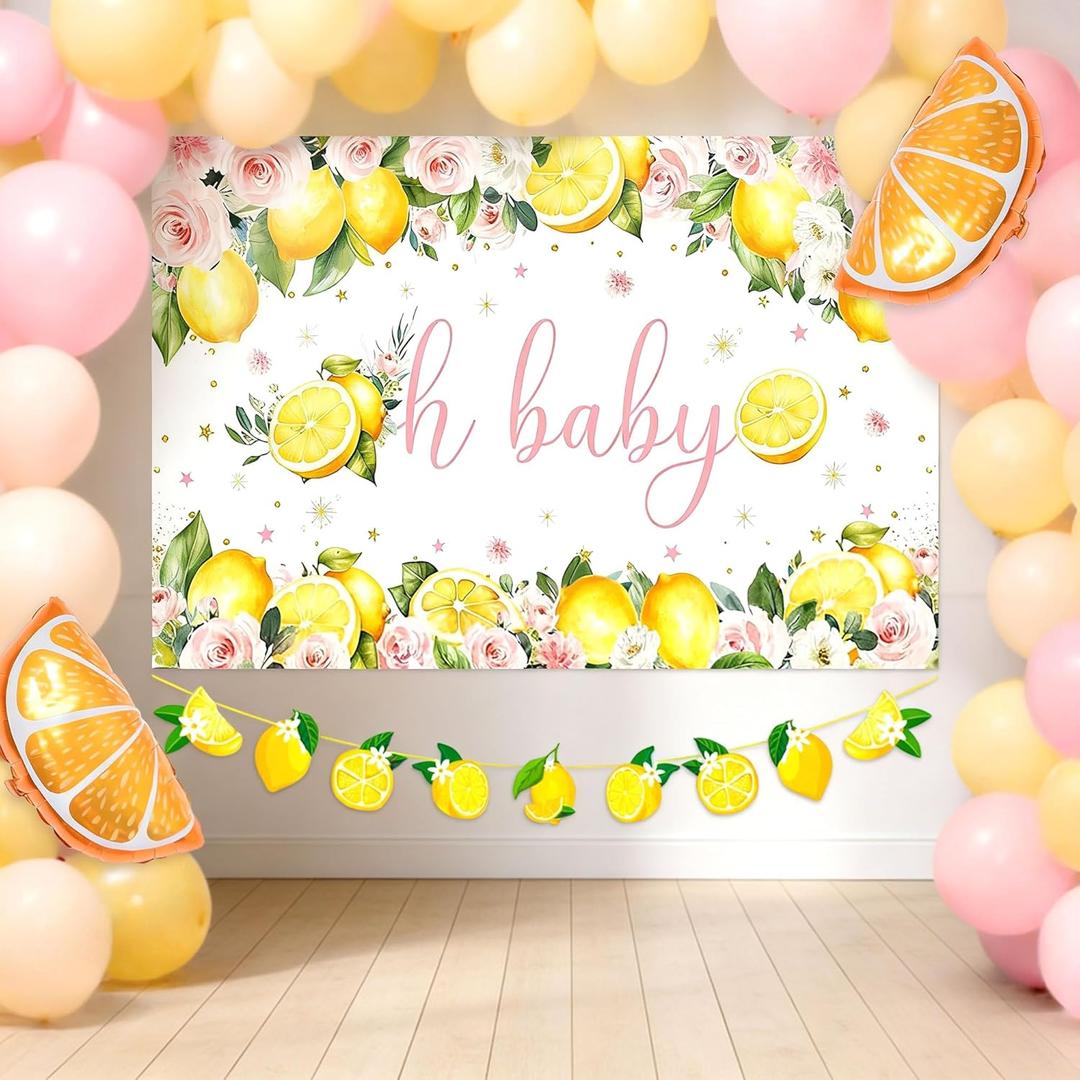 Oh Baby Backdrop Lemon Baby Shower Decorations Pink and Yellow Balloons Summer Lemon Citrus Themed Birthday Party Bridal Shower Decor Supplies