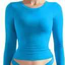 SUUKSESS Women Double Lined Fitted Basic T Shirts Crew Neck Long Sleeve Crop Top (Large, Royal Blue)