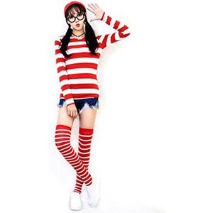 JALYCOS Family Halloween Costume，Red and White Striped Cosplay T-Shirt, Outfit Glasses Hat Shirt Suits, M