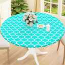 Smiry Round Picnic Tablecloth, Waterproof Elastic Fitted Table Covers for 42" - 50" Tables, Wipeable Flannel Backed Vinyl Tablecloths for Camping, Indoor, Outdoor, Teal & White, For Up to 42"-50" Round