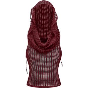 Milumia Women's Hollow Out Hoodie Vest Draped Front Sleeveless Knitted Hooded Tops Party Rave Outfits (Burgundy, S)