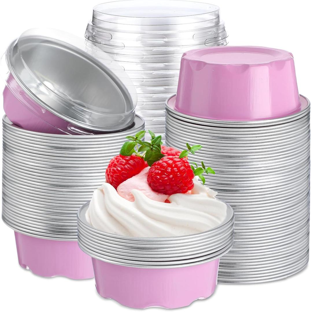 Eaasty 150 Pcs Baking Cups with Lids, 1.6 oz Muffin Cupcake Liners Aluminum Foil Mini Cake Pans Small Disposable Ramekins Flan Containers with Lids for Weddings, Birthday, Various Holiday (Pink)