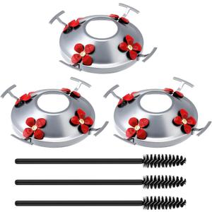 Geelin 3 Pack Hummingbird Feeder Bottom Base Replacement Parts Set Metal Top Hummingbird Feeder Accessories for Bird Feeders Base Metal Top Cover 4 Perches 4 Flower Ports and Brush Only(Silver)