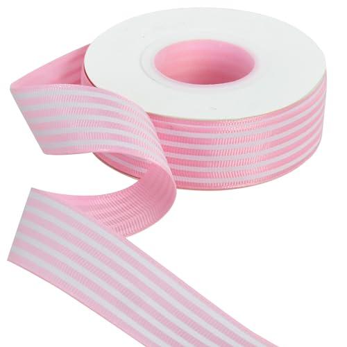 TONIFUL Pink White Striped Ribbon 1 Inch 25 Yards Grosgrain Ribbons Roll for Gift Wrapping Valentines Decoration DIY Floral Bouquet Hair Accessories Crafts Wedding Birthday Party Decoration