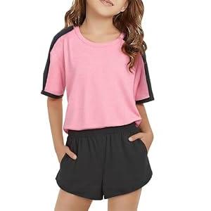 SELINK Girls Travel Outfits Set Rainbow Striped Two Piece Lounge Sets Casual Sweat Tracksuit Matching Runner Shorts Light Pink XXXL