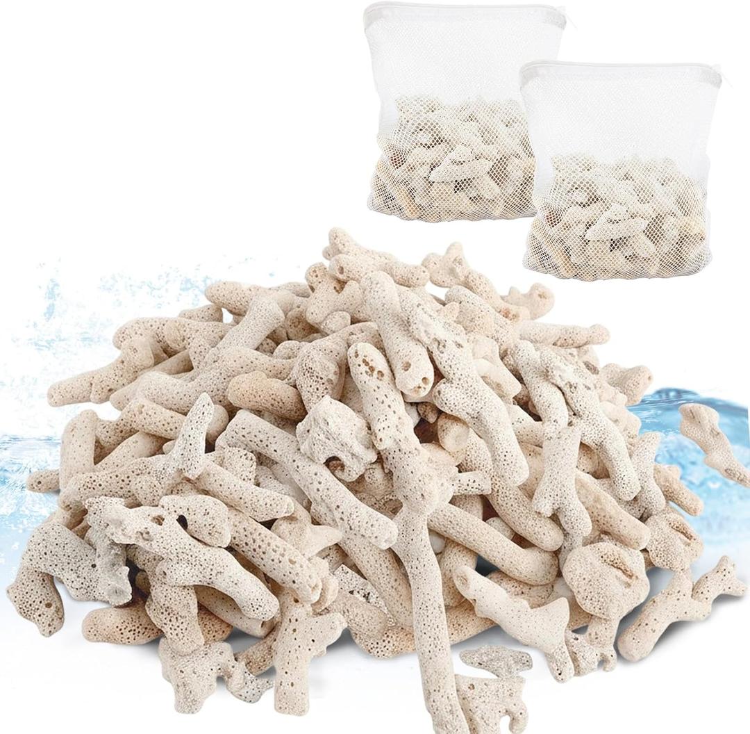 1.32lb/600g Crushed Coral for Freshwater Aquarium, Natural Fish Tank Coral Stone with Mesh Bag, Aquarium Bio Filter Media Bag Reusable Aquarium Filter to Stabilize Water and Raise PH