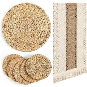 Baderke 7 Pcs Boho Table Runner and Round Placemats Set Table Runner Woven Placemats Braided Water Hyacinth Place Mat Farm Beige Centerpiece for Christmas New Year Dining(12 x 108 Inch)