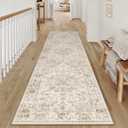 3x12 Washable Neutral Runner Rug Beige Vintage Hallway Kitchen Carpet Non-Slip Soft Low Pile Floral Throw Rug for Bedroom Bathroom Laundry Living Room