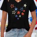 American Flag Shirts Women4th of July V-Neck Short Sleeve Patriotic T-Shirt Memorial Day Graphic Tee (M)