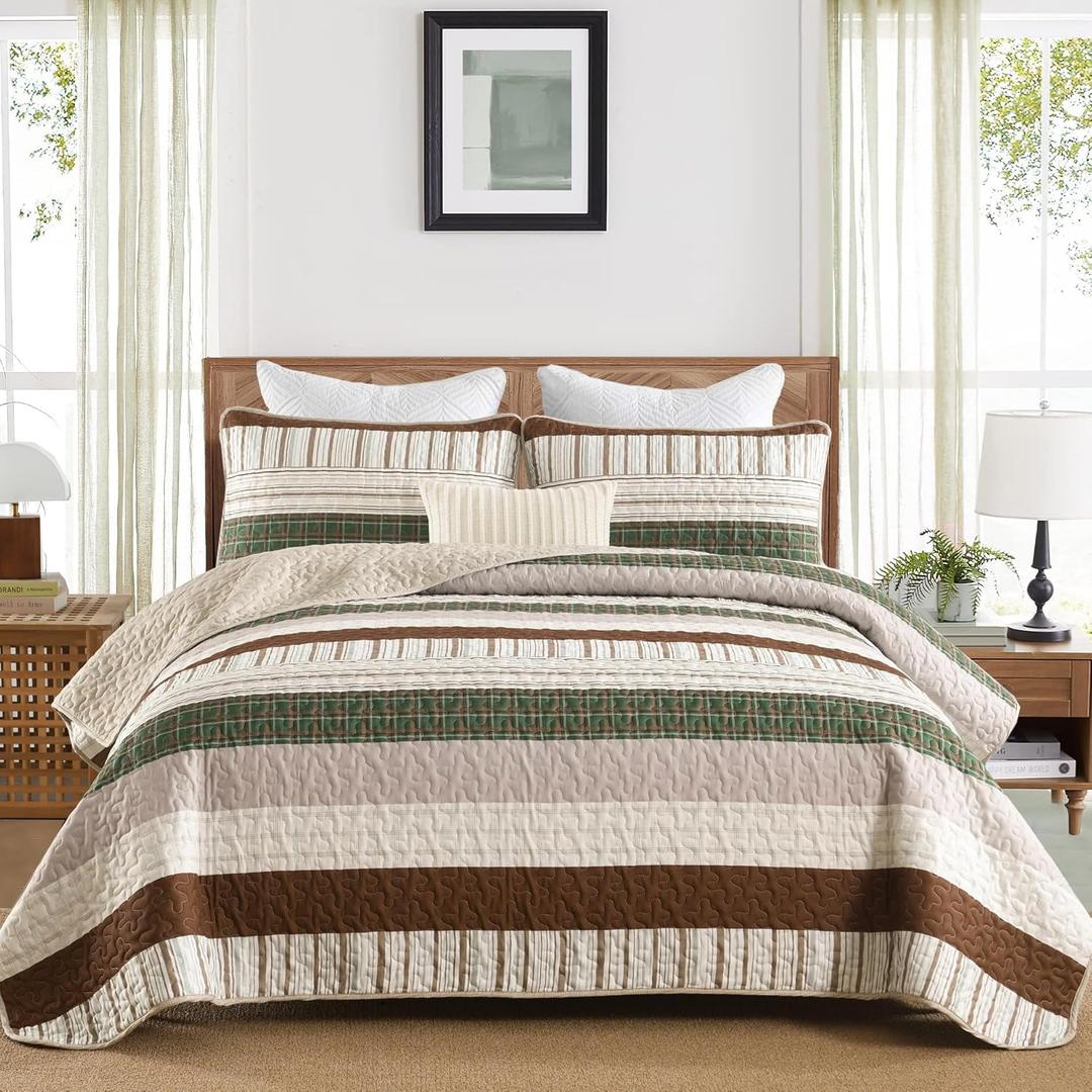 DJY Striped Quilt Set King Size, Boho Brown Green Striped Bedspread Coverlet Set Soft Microfiber Patchwork Quilt Bedding Set 3 Pieces for All Season (110"x90")