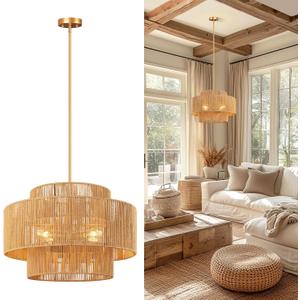 24'' Boho Rattan Chandelier, 4-Light Hand-Woven Wicker Pendant Lamp, Rustic Modern Ceiling Light Fixture for Dining Room, Kitchen Island, Living Room, Bedroom, Foyer, Entryway, Over Table