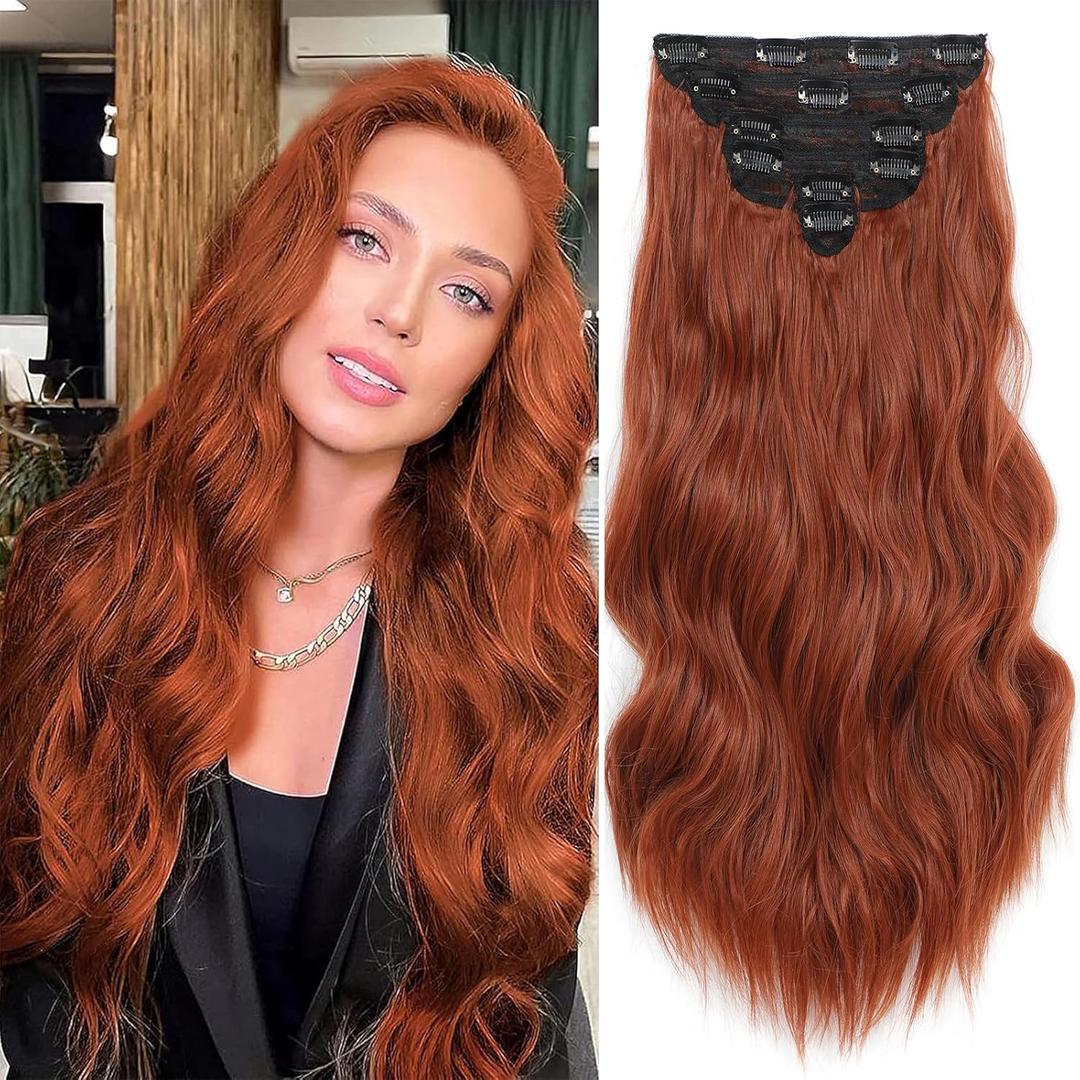 Clip in Hair Extensions 6 PCS Natural Soft Hair Blends Well Hair Extensions 20 Inch Auburn Long Wavy Hairpieces for Women