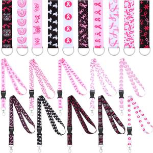 Ctosree 20 Pcs Breast Cancer Awareness Lanyards Silicone Keychains Pink Ribbon Wrist Neck Lanyard for Men Women Wristlet Strap Breast Cancer Survivor Inspirational Gift for Women