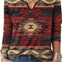 Flamingals Christmas Shirts Tops Women Notched Neck Shirts Tops Geometric Printed Graphic Long Sleeve Boho Shirt Tops Brick Red, 2XL 