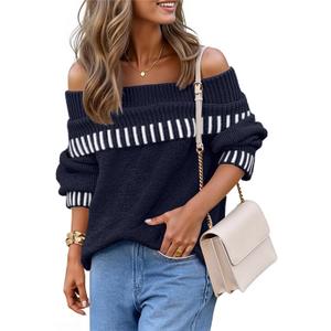MEROKEETY Women's Off Shoulder Sweater 2025 Fall Winter Fashion Oversized Ribbed Knit Striped Pullover Tops (Large, Navy)