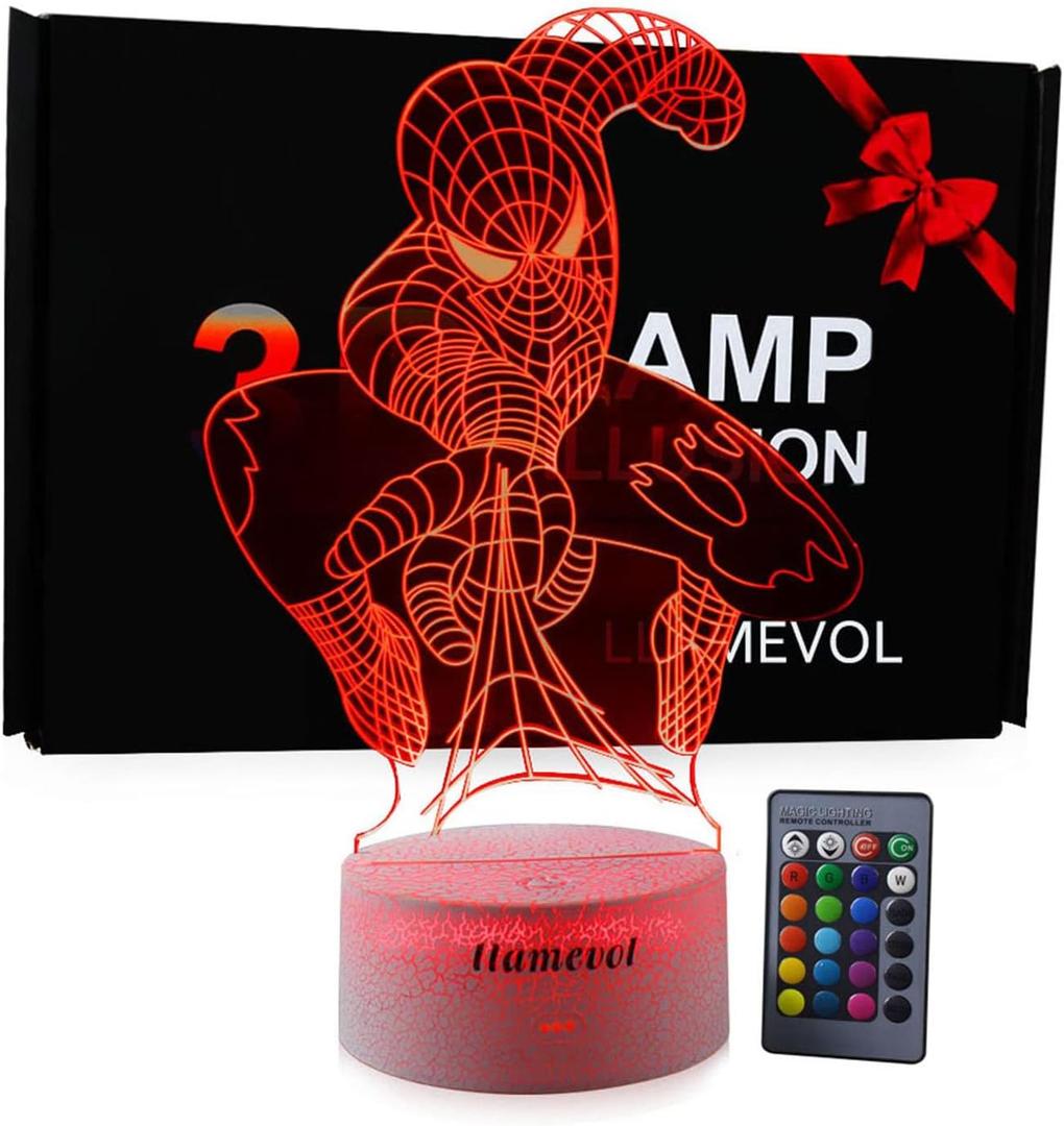 Spiderman Toys Kids Night Light Superhero Christmas Gift Birthday 3D Illusion Lamp for Kid Girl Boy Web Shooter 7 Color Remote Control