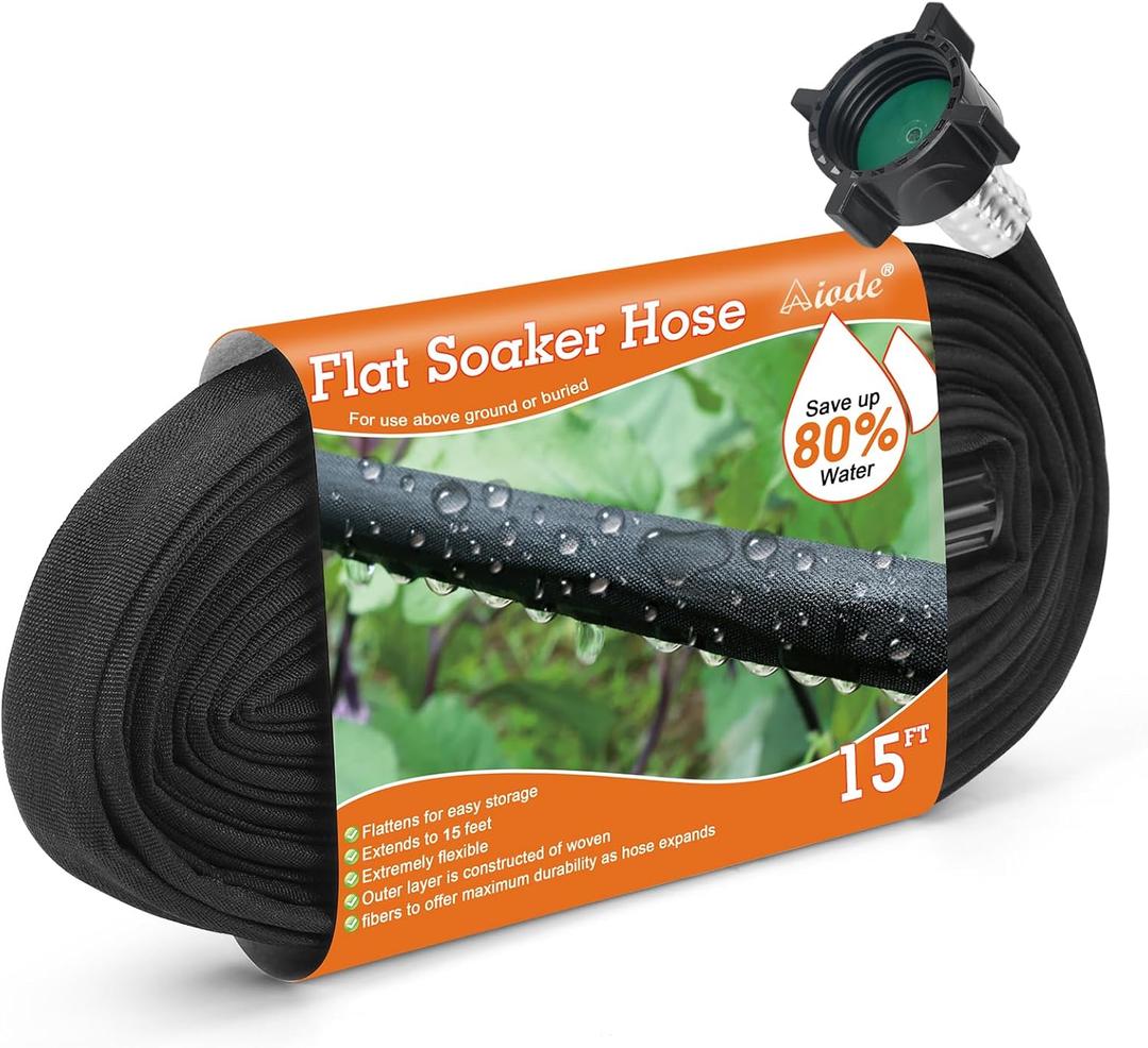 AIODE Flat Soaker Hose 15FT for Garden Beds Drip Hose Heavy Duty Save 80% Water for Vegetable Tree (15FT)