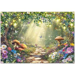 Fabric 7x5ft Spring Enchanted Forest Photography Backdrop Fairy Tale Garden Floral Wonderland Butterfly Lights Mushroom Background Kids Girls Party Decoration Photo Props