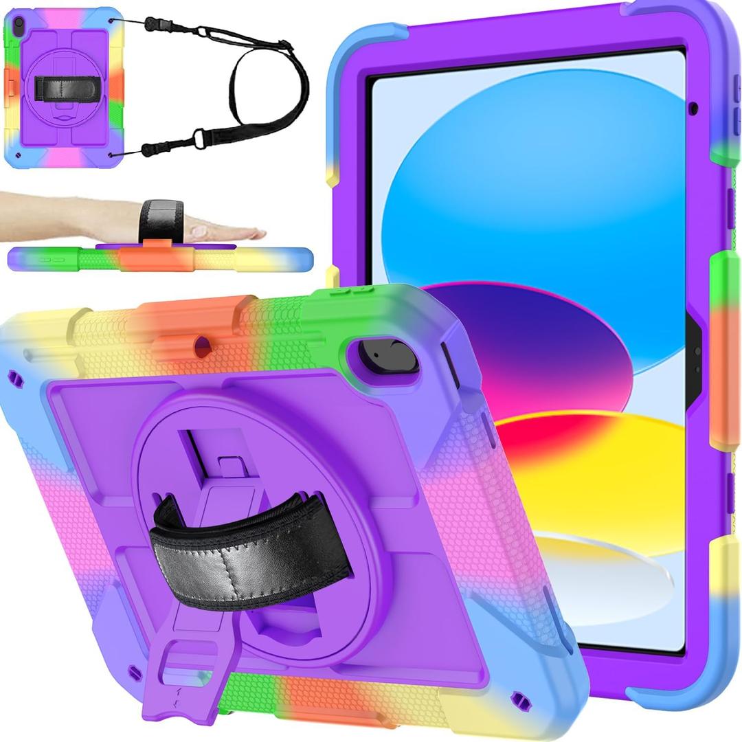 BMOUO Case for iPad A16 11th Generation 11" 2025/iPad 10th Generation 10.9 inch 2022, 360 Rotating Stand & Pencil Holder & Hand & Shoulder Strap Shockproof iPad 11th/10th Generation Case, Purple