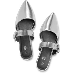 Rekayla Mules for Women Adjustable Strap Pointed Toe Backless Loafer Shoes (9.5, Silver)