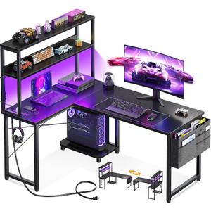 AODK L Shaped Desk Gaming Desk with LED Light & Power Outlet, 43 Inch Reversible L Shaped Computer Table with Shelf, Corner Desk with Storage Bag&Hook for Home Office Desk, Black