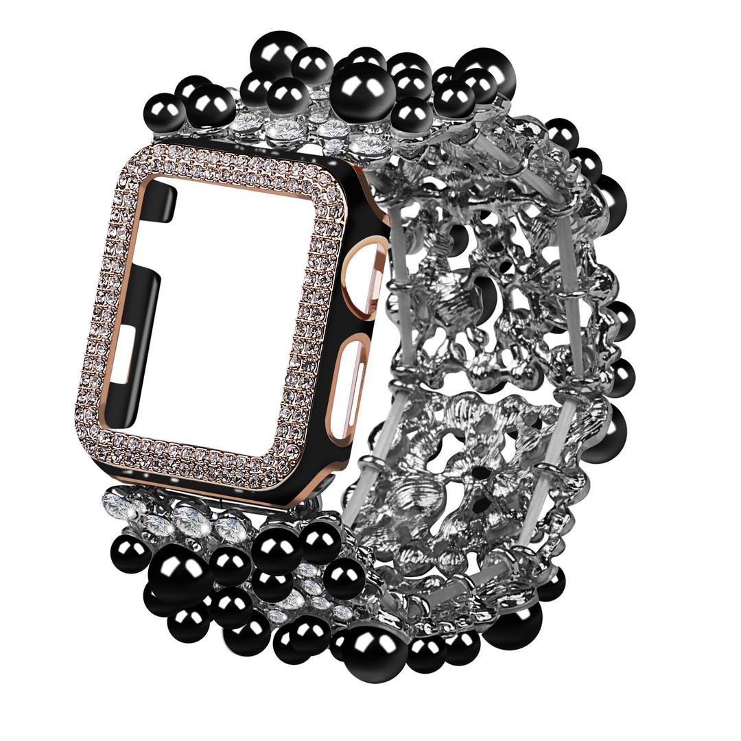 VIIVY VIYIV Bling Band with Case Compatible with Apple Watch Bands Series 9 8 7 SE 45mm 44mm 40mm 38mm 41mm 42mm for Women, Smart Watch Bracelet Straps with Starlight Cover, Pearl Dressy Cute Elastic