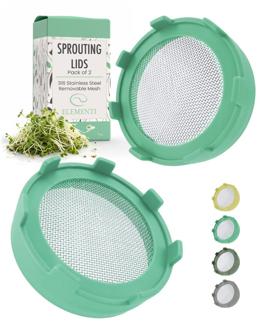 Elementi Sprouting Lids for Mason Jars (Set of 2), Wide Mouth Mason Jar Strainer Screen Lids for Sprouting Kit, 316 Stainless Steel Mesh (Grey)