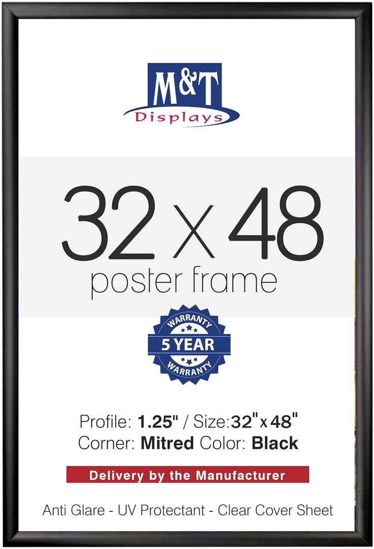 M&T Displays Snap Poster Frame Black 1.25" Aluminum Profile Front Loading Wall Mounting Photo Picture Document Certificate Sign Holder Mitered Corner Anti Glare Cover (Black, 32x48 in)