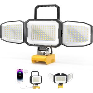 LED Work Light Compatible with DeWalt 20V Battery, 150W 15000LM Flood Light, 6500K Daylight 3-Head Adjustable, USB Type-C&2 Brightness Modes Portable Flashlight Job Site Light (Battery Not Included)