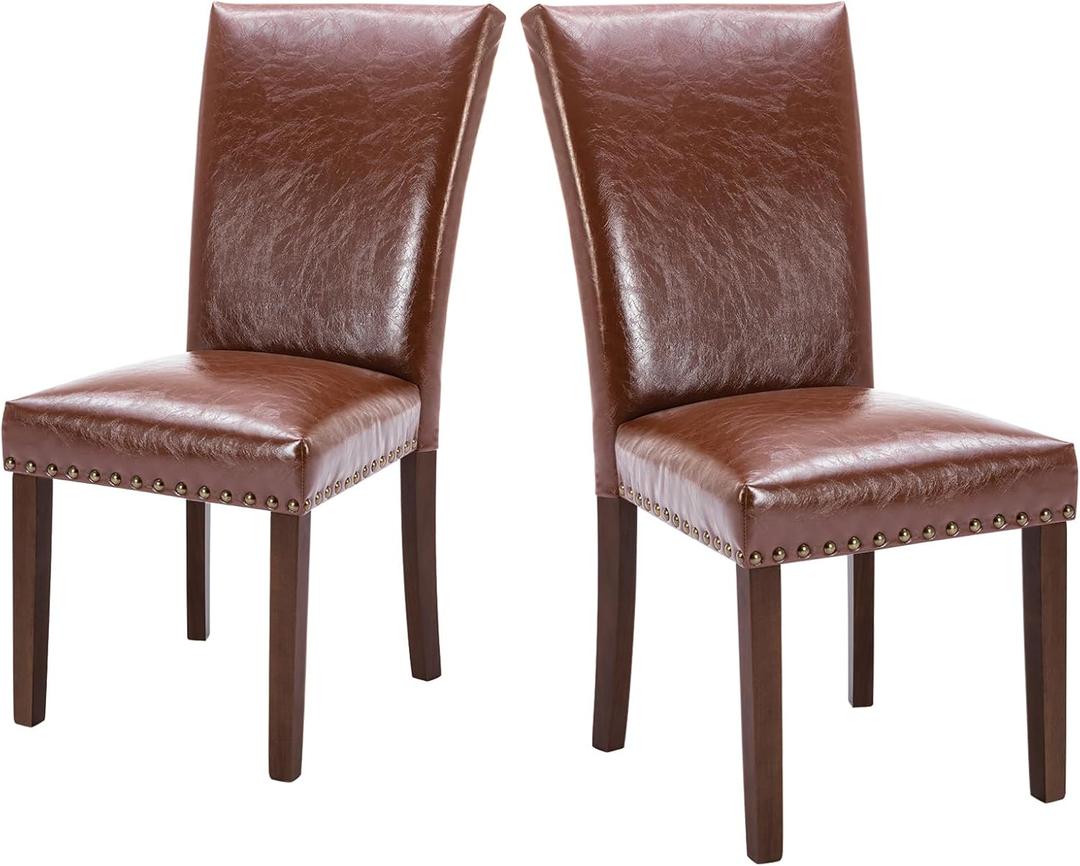 COLAMY Upholstered Parsons Dining Chairs Set of 2, PU Leather Dining Room Kitchen Side Chair with Nailhead Trim and Wood Legs - Light Brown