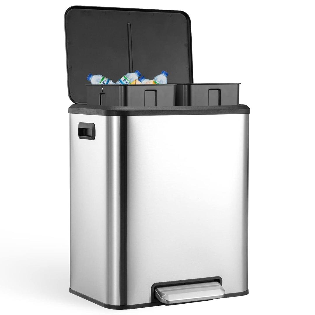 8 Gallon Kitchen Trash Can, Hands-Free Recycle Trash Can with Dual Removable Liners, Stainless Steel Dual Kitchen Step Trash Can (4 + 4 for 8 Gallon Total), Rectangle, Silver