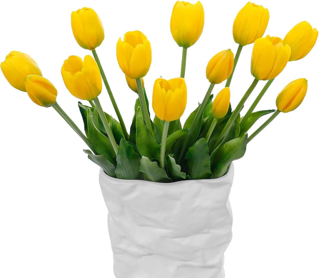 15 Pcs Yellow Artificial Tulips Fake Flowers, Premium Latex Lifelike Texture, UV Resistant Waterproof Faux Tulip Bouquets with Snap-on Petals for Outdoor, Home, Wedding Decor