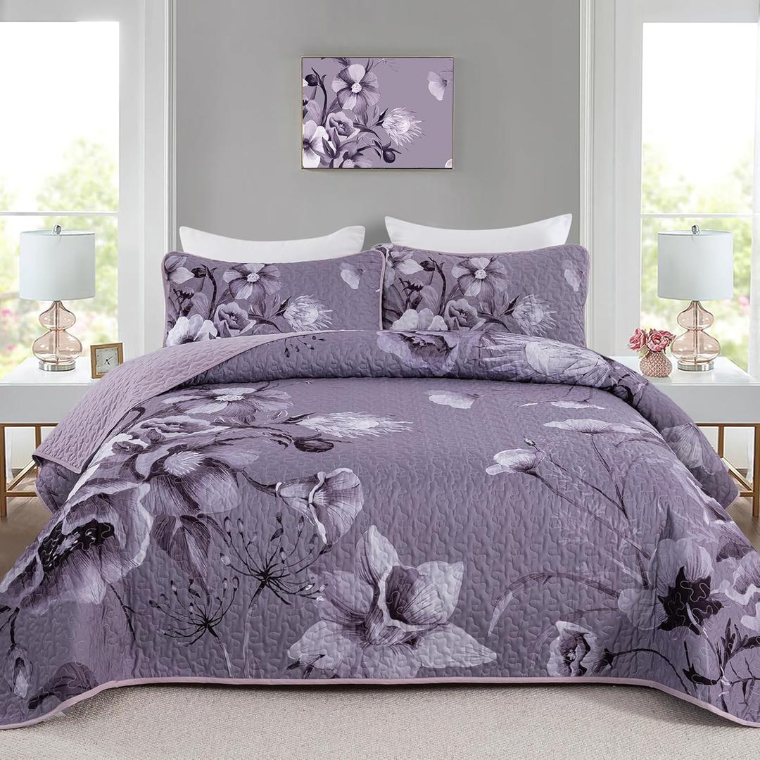 Floral Quilt Set Queen 3 Pieces Dark Purple Boho Flower Quilt Coverlet Set Soft Microfiber Lightweight Floral Quilted Bedspread with 2 Pillow Shams for All Season 90"x96"